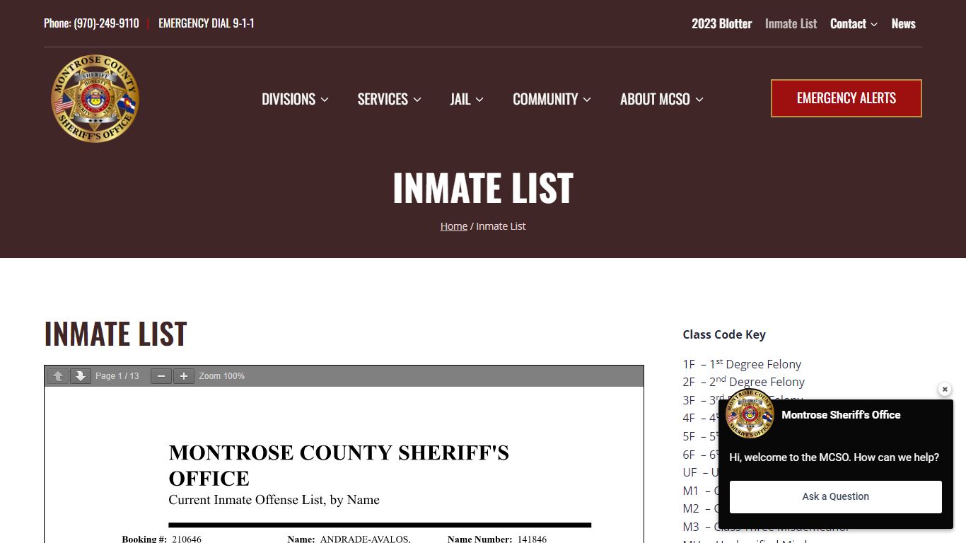 Inmate List | Montrose County Sheriff's Office